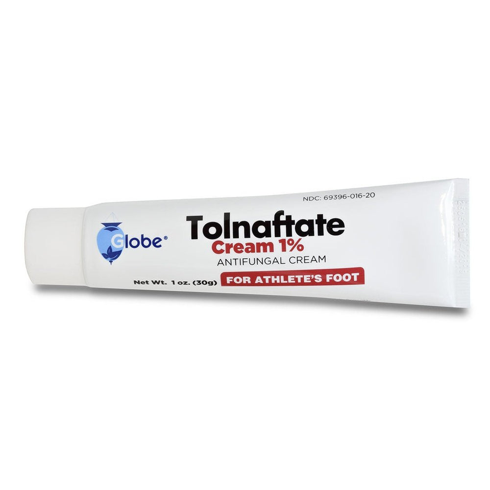 A 1 oz tube of Globe Tolnaftate 1% Anti-Fungal Cream by Globe, with red and black text on the front, for treating athlete's foot and jock itch.