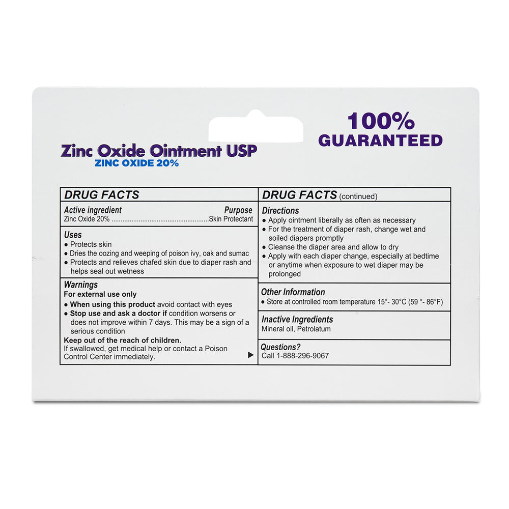 Back of a Globe Zinc Oxide 20% Ointment 2 oz box showing drug facts, directions, warnings, ingredients, and customer service info. The Globe packaging features "100% GUARANTEED" in purple text at the top right.