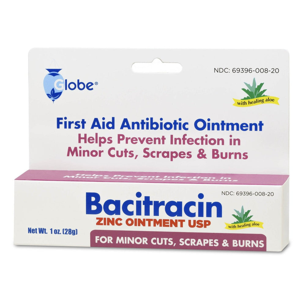 Globe Bacitracin Zinc Ointment w/Aloe, 1oz tube by Globe, is a first aid antibiotic ointment ideal for infection protection and healing of minor cuts, scrapes, and burns.