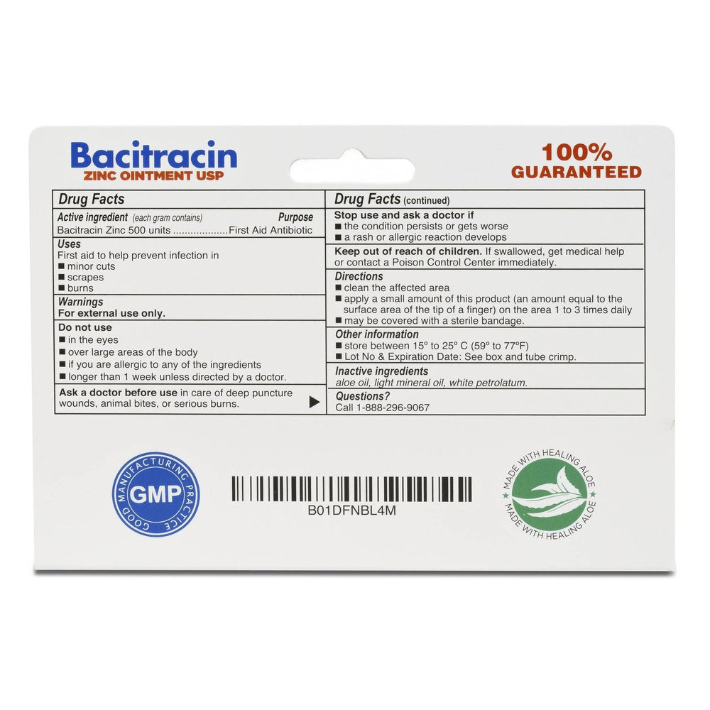 Back label of Globe Bacitracin Zinc Ointment w/Aloe (1oz, Globe) displays drug facts for infection prevention in minor skin wounds, uses, directions, warnings, ingredients, barcode, and certification logos in red and blue on white.