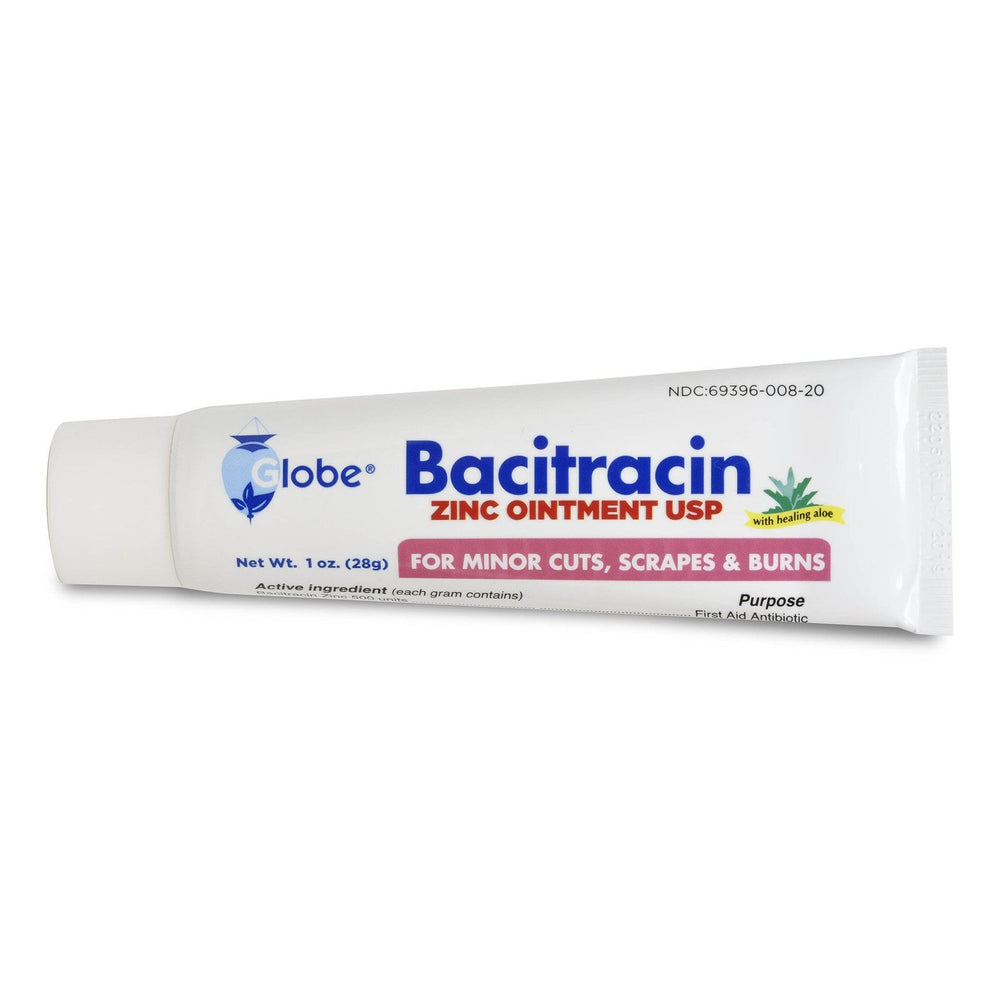 A white 1oz tube of Globe Bacitracin Zinc Ointment w/Aloe, by Globe, for minor wound care and infection prevention. Features a green aloe vera symbol and highlights soothing properties.