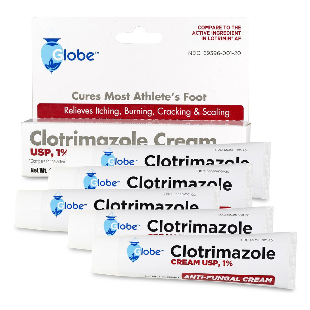 Three tubes of Globe Clotrimazole Cream USP 1% - 1oz by Globe are shown in front of their packaging, emphasizing its effectiveness in treating athlete's foot and jock itch while relieving itching, burning, cracking, and scaling.