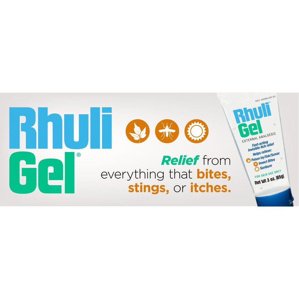 A 3 oz tube of Rhuli Gel Anti-Itch is shown, labeled as a topical analgesic. Text highlights relief for sunburn, mosquito bites, bug bites, poison ivy, poison oak, and more. Icons of a leaf, insect, and sun appear above the words.