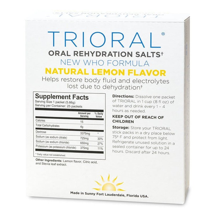 A box of TRIORAL Natural Lemon w/ Stevia Oral Rehydration Salts (WHO New Formula, 25 packets) displays supplement facts, usage directions, and warnings. This electrolyte drink helps restore fluids and provides effective dehydration relief.