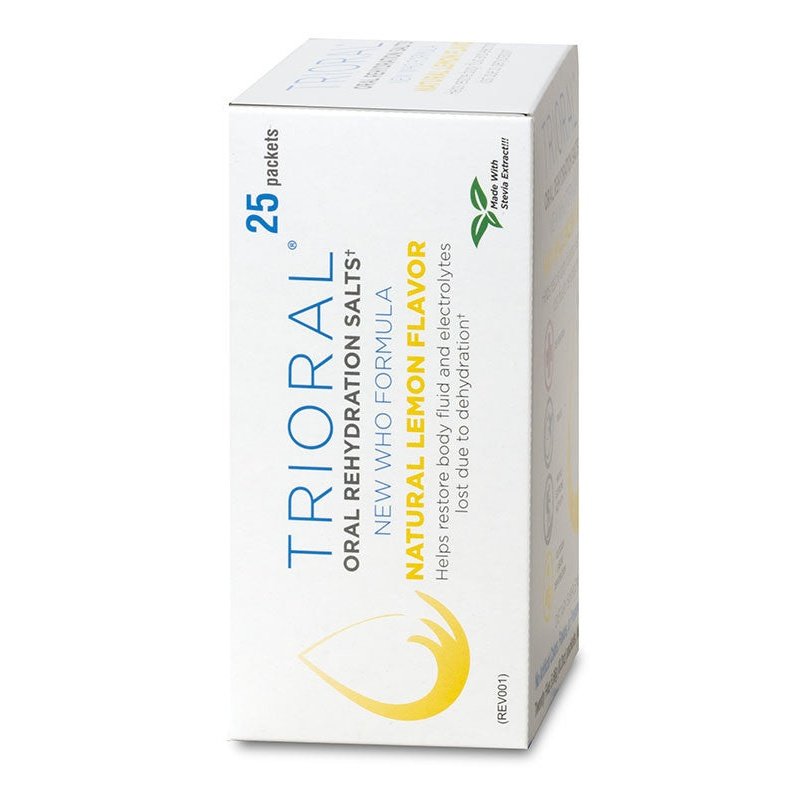 A white box of TRIORAL Natural Lemon w/ Stevia Oral Rehydration Salts (WHO New Formula) features blue and yellow text, a droplet design, and contains 25 packets for dehydration relief. Brand: TRIORAL.