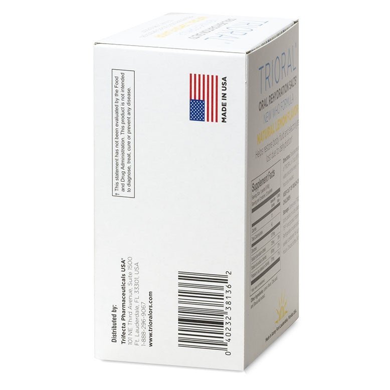 A white box displays the U.S. flag, "Made in USA" label, supplement facts, and website, with TRIORAL branding. Contains 25 packets of TRIORAL Natural Lemon w/ Stevia Oral Rehydration Salts (WHO New Formula)—ideal for rapid dehydration relief.