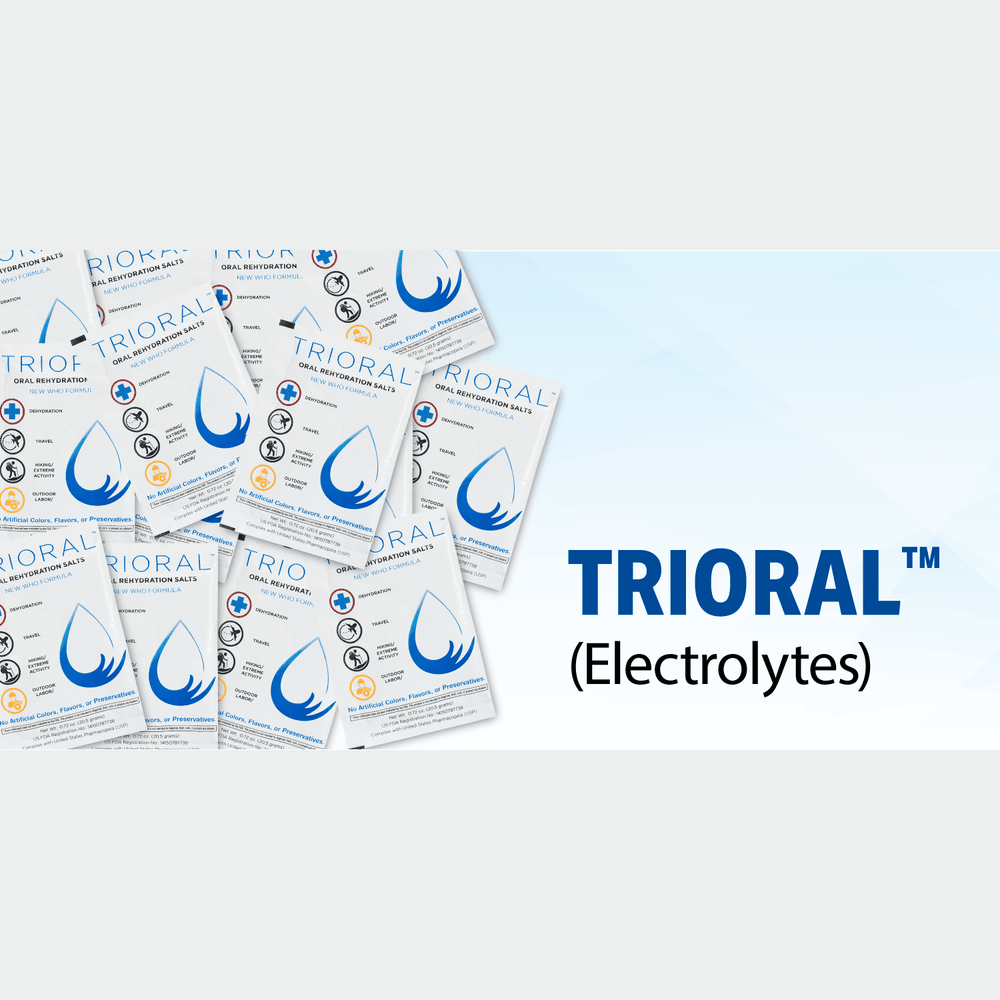 Several TRIORAL Oral Rehydration Salts (15 Packets/Box) are scattered on the left, with the product name and "Electrolytes" in bold blue and black font on a light blue gradient background to the right.