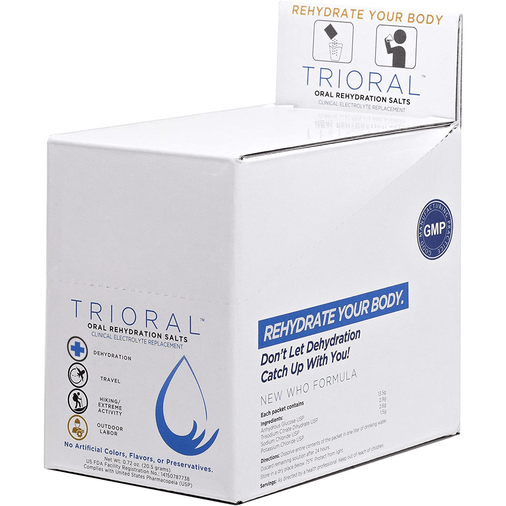 A white box of TRIORAL Oral Rehydration Salts (15 Packets/Box) shows blue icons for travel, hiking, exercise, and outdoor work. The label highlights “Rehydrate Your Body” and contains the new WHO formula electrolyte powder.