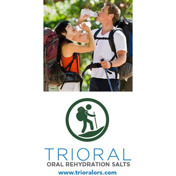 A woman helps a man drink water while hiking with backpacks. Below, the TRIORAL Rehydration Electrolyte Powder logo highlights their trusted WHO hydration supplement. Learn more at www.trioralors.com.