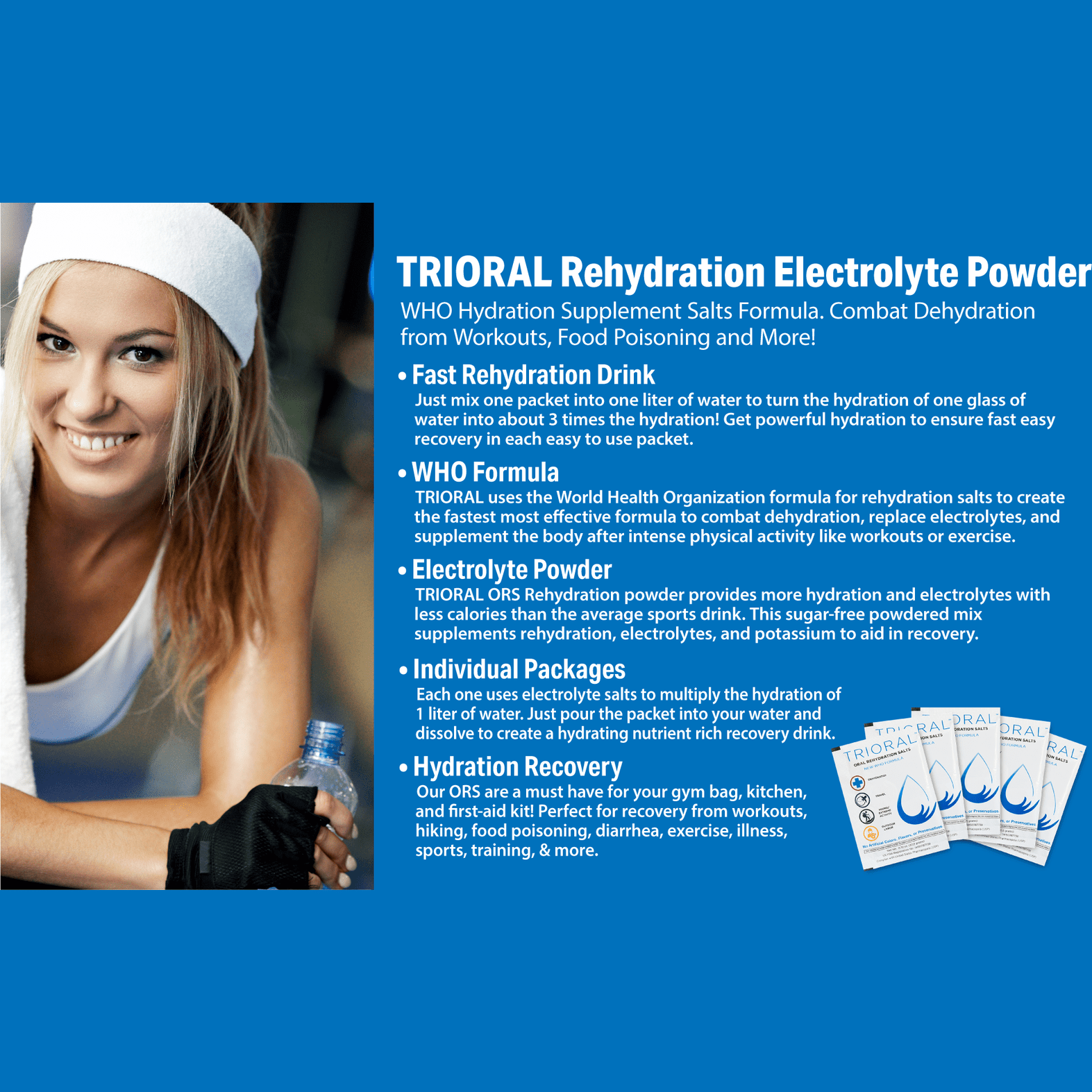 TRIORAL Rehydration Electrolyte Powder - WHO Hydration Supplement Salts Formula - Combat Dehydration from Workouts, Fluid Loss and Much More - 100 Drink Mix Packets