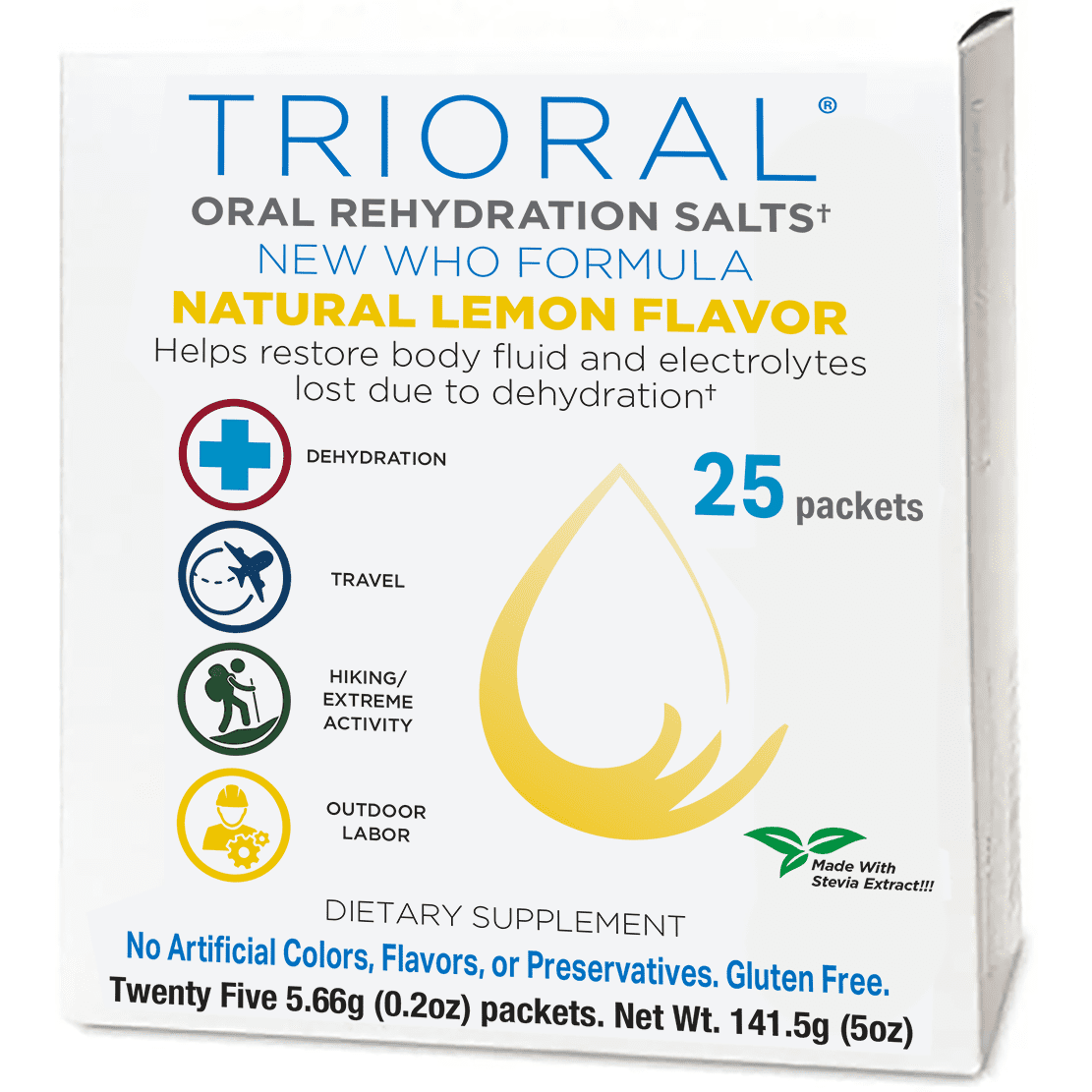 TRIORAL Natural Lemon w/ Stevia Oral Rehydration Salts (World Health Organization (WHO) New Formula (25 Packets/Box)