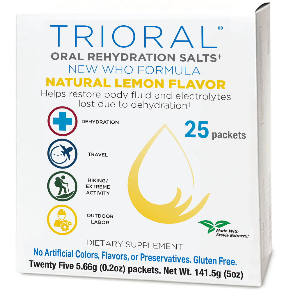 TRIORAL Natural Lemon w/ Stevia Oral Rehydration Salts (WHO New Formula), 25 packets per box, for dehydration relief during travel or hiking. No artificial colors, flavors, preservatives, or gluten.