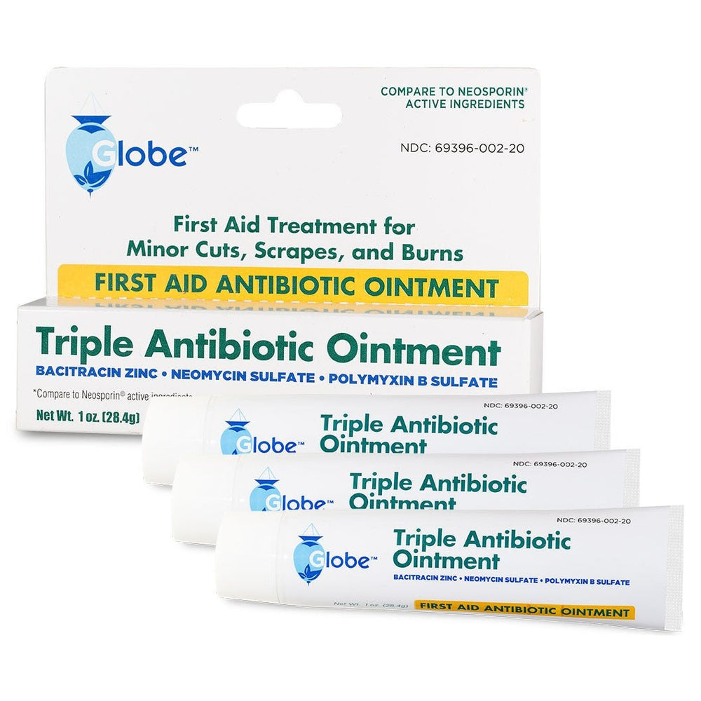 Three tubes of Globe First Aid Triple Antibiotic Ointment (1oz) from Globe are displayed before their box, labeled for first aid use and infection protection for minor cuts, scrapes, and burns.
