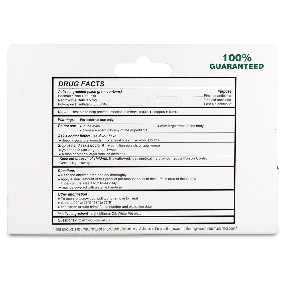 Back of Globe First Aid Triple Antibiotic Ointment (1oz) package showing drug facts, active ingredients, usage instructions, warnings, customer service number. "100% GUARANTEED" appears in green at the top right corner. Brand: Globe.